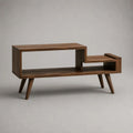 Rechteckiger Couchtisch aus massivem Akazienholz, Dunkelbraun, 110 x 50 x 55 cm, mit offenen Ablagefächern