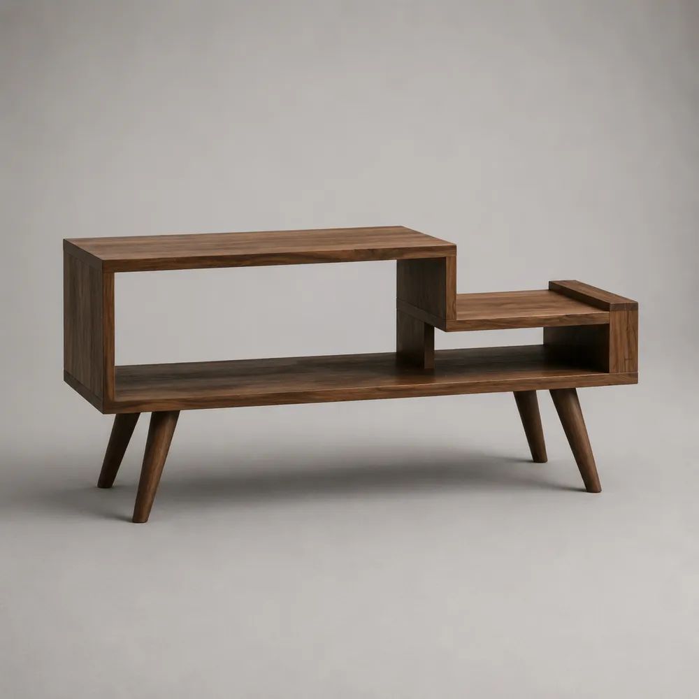Rechteckiger Couchtisch aus massivem Akazienholz, Dunkelbraun, 110 x 50 x 55 cm, mit offenen Ablagefächern