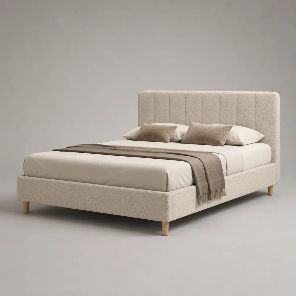 Polsterbett Doppelbett mit Lattenrost, Bouclé-Bezug, Beige/Naturfarben, Liegefläche 160 x 200 cm, Gesamtmaß 218 x 171 x 105 cm