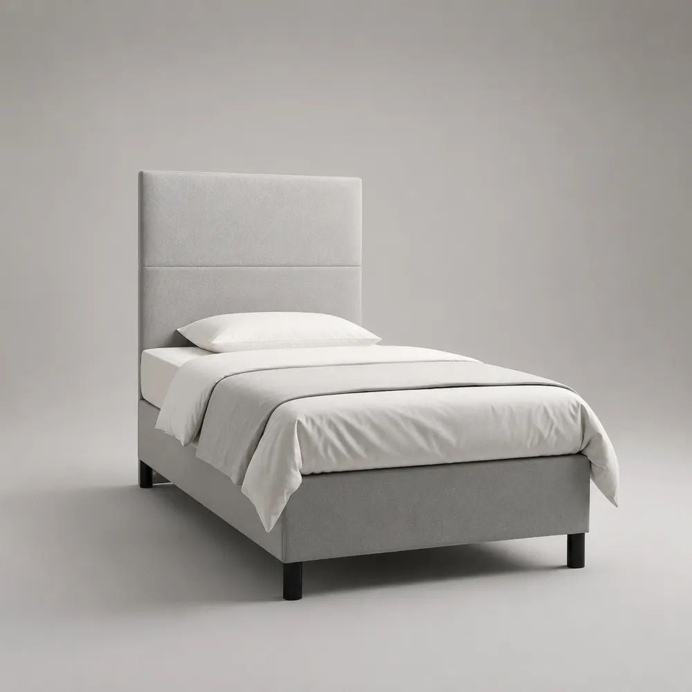 Polsterbett Einzelbett mit Lattenrost und hohem Kopfteil aus Polyester und MDF, Hellgrau/Schwarz, Liegefläche 90 x 200 cm
