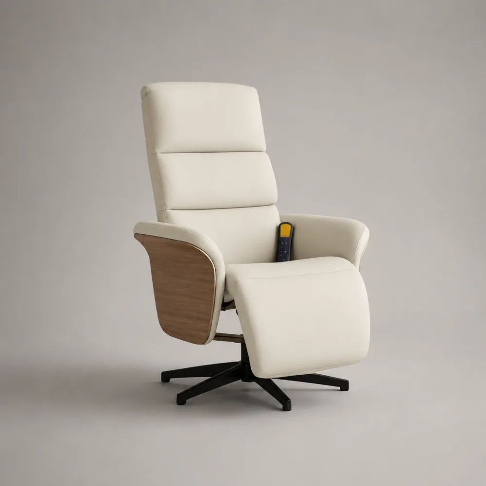 Elektrischer Relaxsessel aus PU-Kunstleder und Stahl mit Fußstütze und hoher Rückenlehne, Creme, 78 × 84 × 112 cm