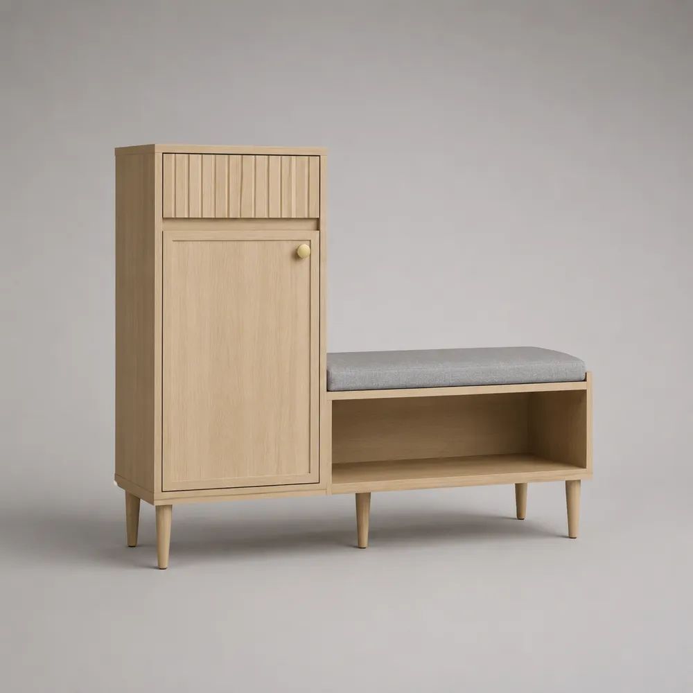 Schuhschrank mit Sitzbank und Schublade aus MDF mit Eichedekor, Natur/Grau, 100 x 35 x 105 cm