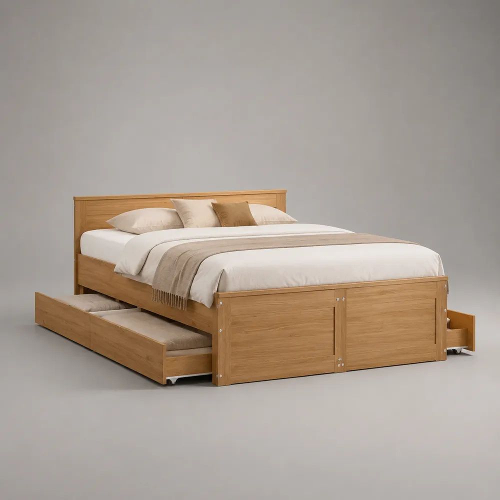 Stauraumbett aus massivem Bambus mit 4 Schubladen, Naturbraun, Liegefläche 180 × 200 cm, Gesamtmaß 214 × 188 × 100 cm