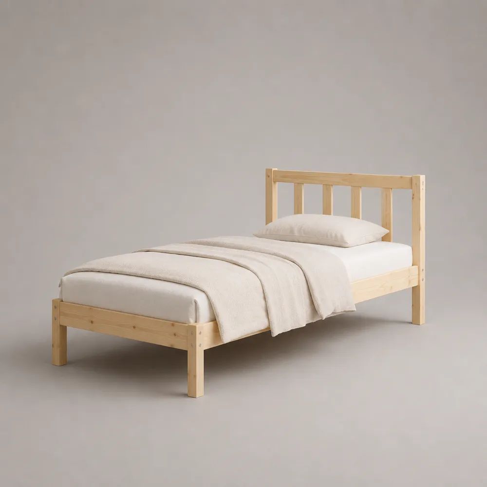 Einzelbett aus massivem Kiefernholz mit Lattenrost, Natur, Liegefläche 90 x 200 cm, Gesamtmaß 208 x 98 x 90 cm
