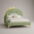 Kinderbett in Dinosaurierform, gepolstertes Bett mit Lattenrost, Liegefläche 160 × 200 cm, Gesamtmaß 218 × 178 × 152 cm, Polyester, MDF und Stahl, Grün/Gelb