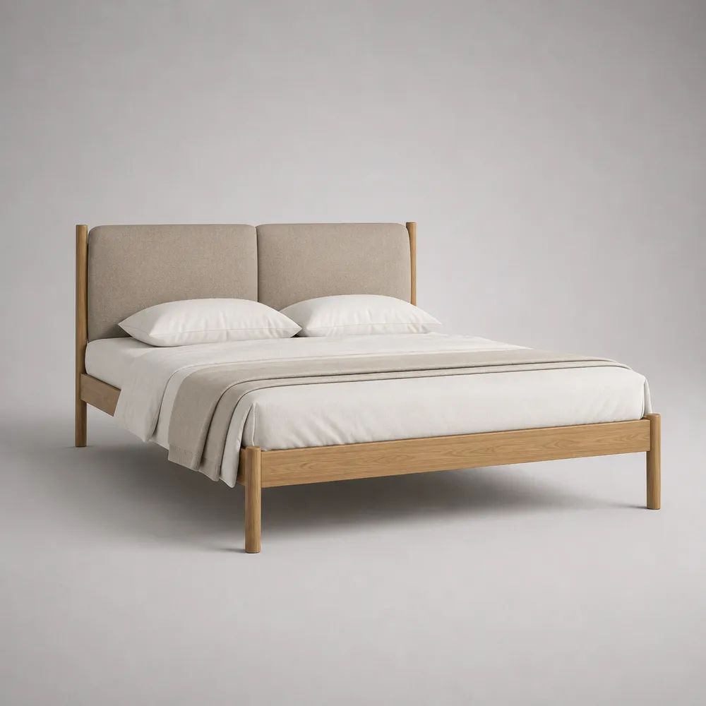 Doppelbett aus massivem Holz mit gepolstertem Kopfteil, Natur/Beige, Liegefläche 160 x 200 cm