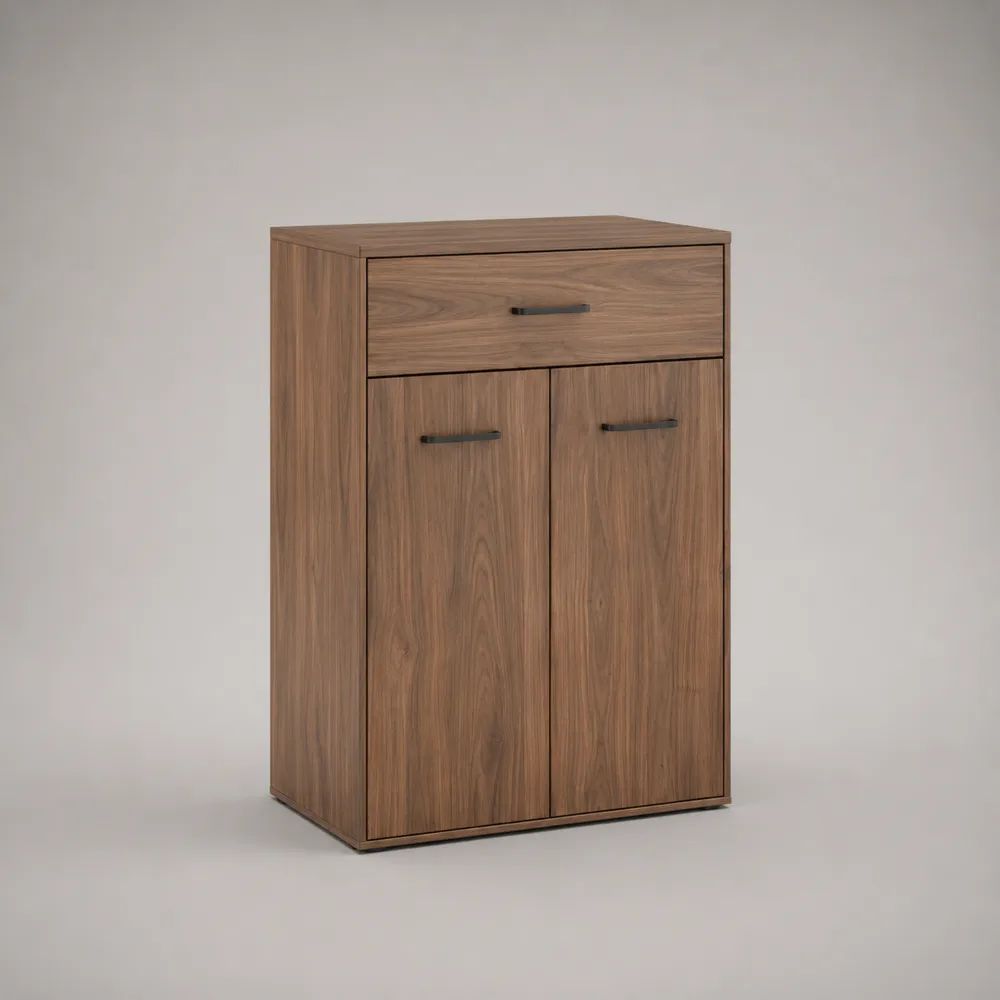 Schuhschrank aus Holz mit 2 Türen und Schublade, Walnussbraun/Schwarz, 70 × 35 × 100 cm