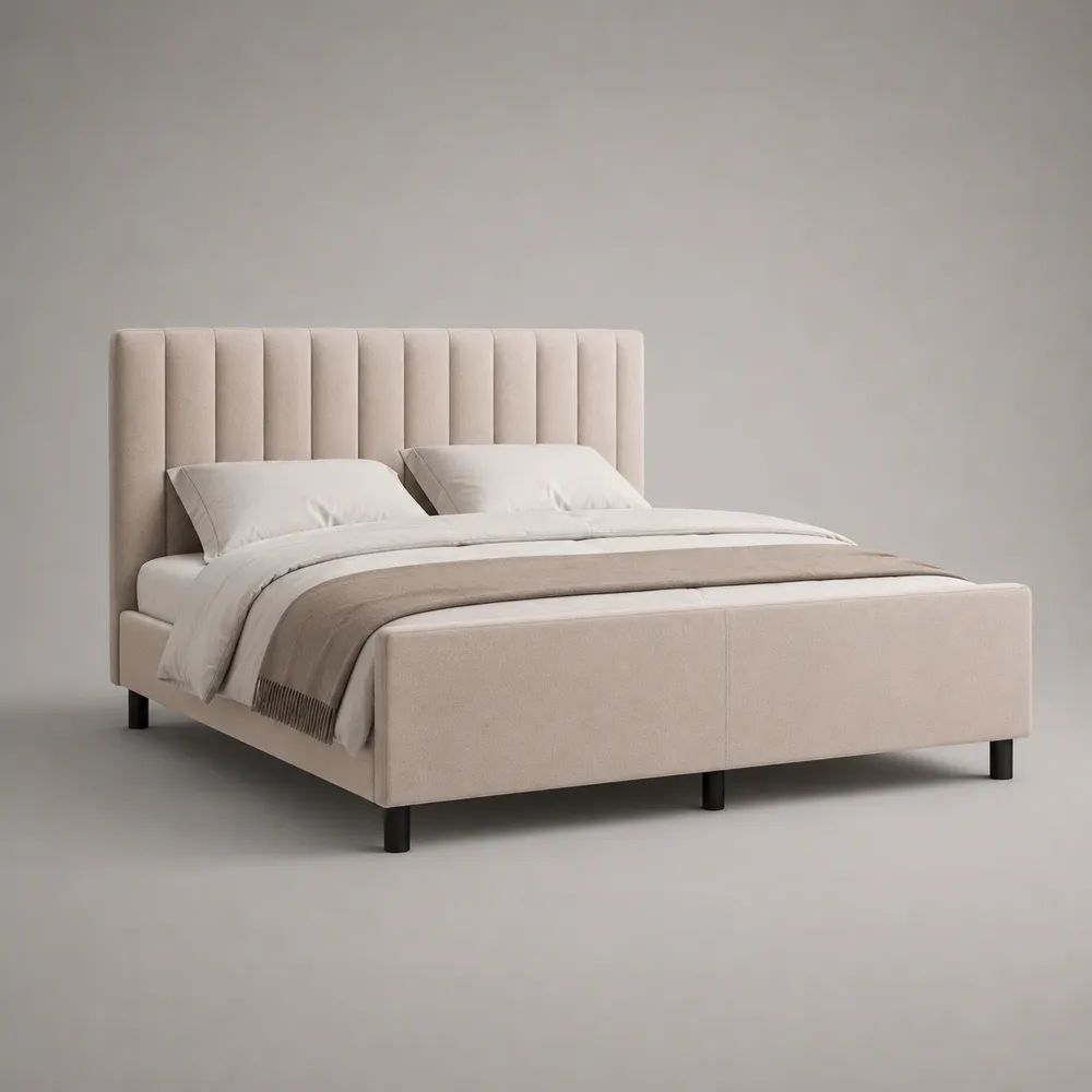 Polsterbett Doppelbett mit hohem Kopfteil aus Polyester-Velours, Beige/Schwarz, Liegefläche 160 x 200 cm, Gesamtmaß 172 x 214 x 112 cm