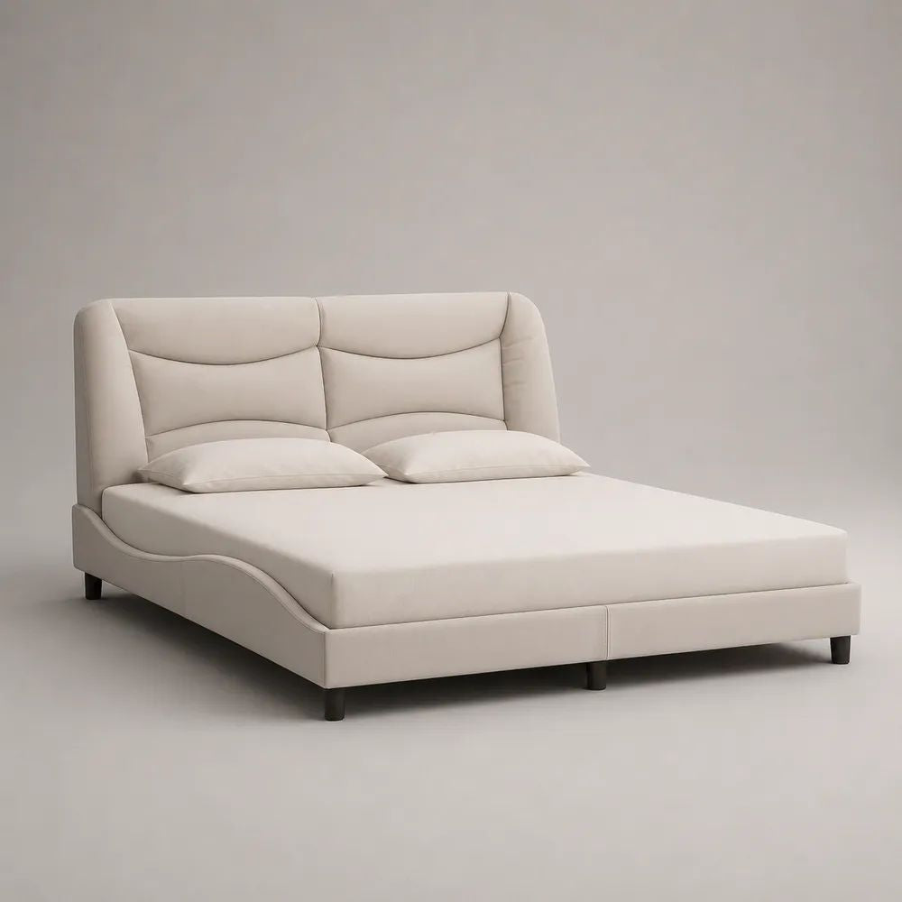 Polsterbett Doppelbett mit hohem Kopfteil und Polyesterbezug, Beige/Schwarz, Liegefläche 180 x 200 cm