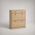 Schuhschrank aus Holz mit 2 Klappen und Schublade, Eichefarben/Schwarz, 82 × 25 × 110 cm