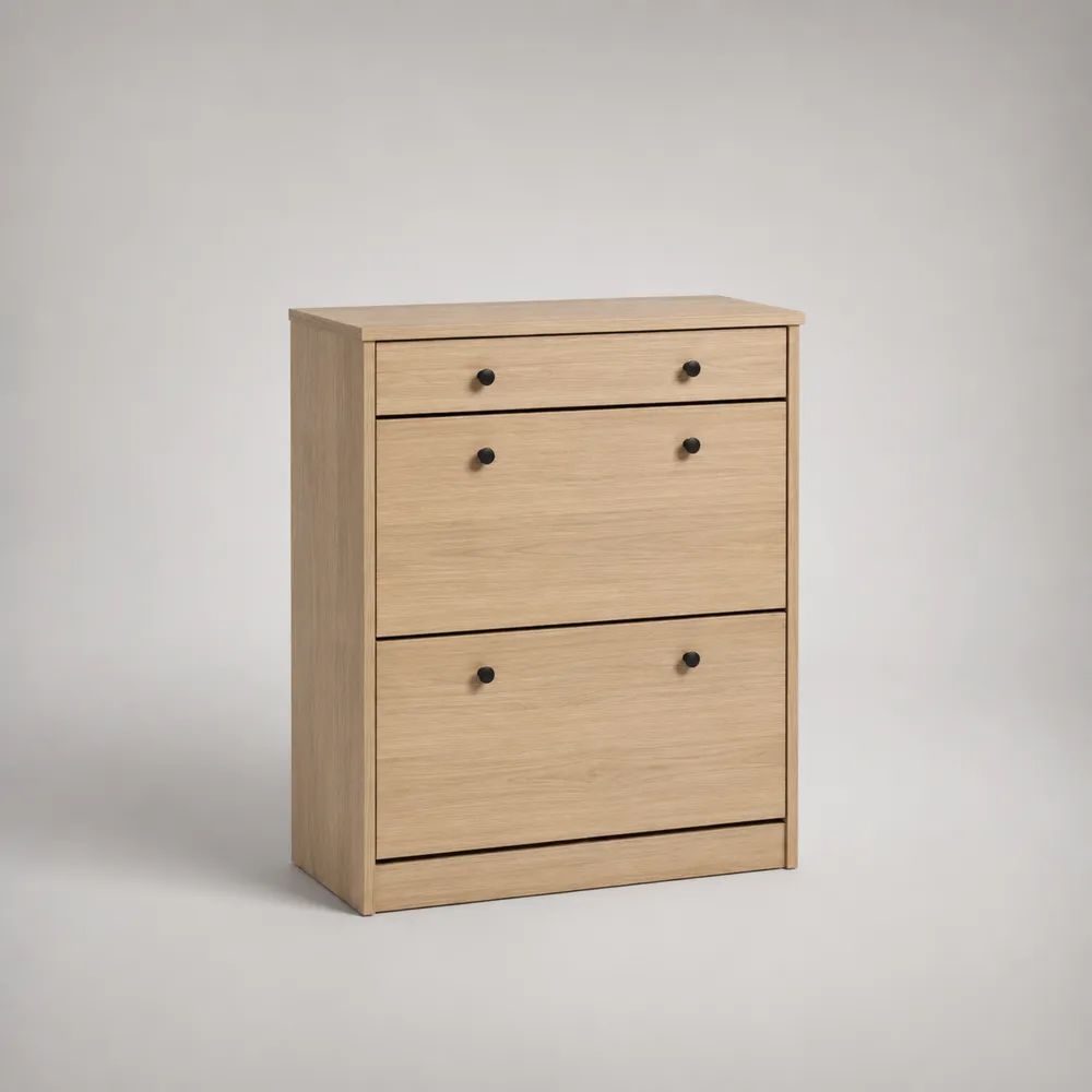 Schuhschrank aus Holz mit 2 Klappen und Schublade, Eichefarben/Schwarz, 82 × 25 × 110 cm
