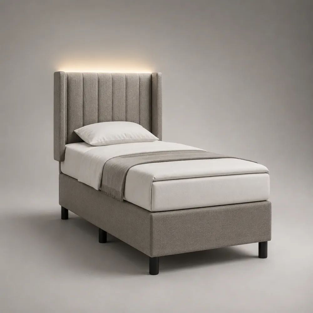 Polsterbett Einzelbett mit LED-Kopfteil aus Polyester, Grau/Schwarz, Liegefläche 90 x 200 cm