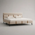 Polsterbett Doppelbett 180 x 200 cm aus PU-Kunstleder mit gepolstertem Kopfteil, Beige/Braun/Schwarz