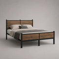 Metallbett mit Holzdekor, Bettgestell 160 × 200 cm, Schwarz/Braun