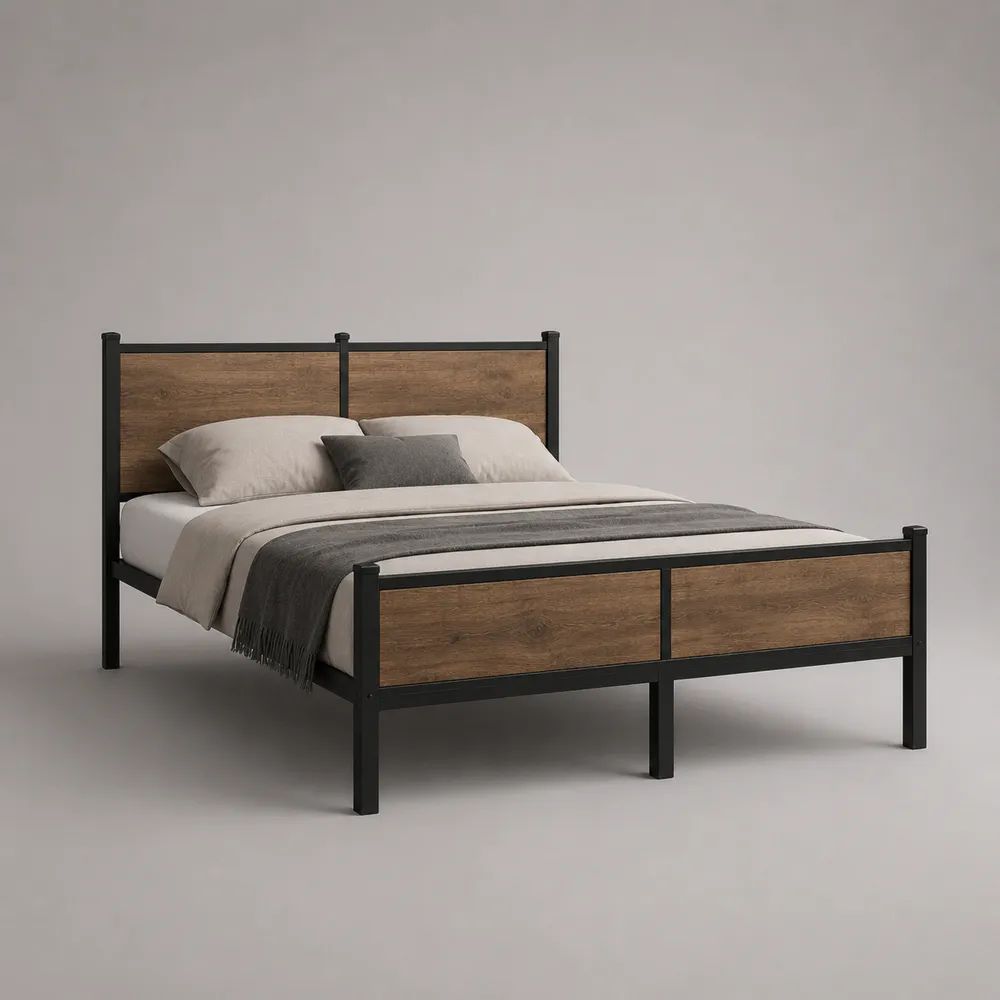 Metallbett mit Holzdekor, Bettgestell 160 × 200 cm, Schwarz/Braun