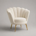 Muschelsessel aus Polyester-Bouclé mit Stahlbeinen, Cremeweiß/Gold, 79 × 73 × 78 cm