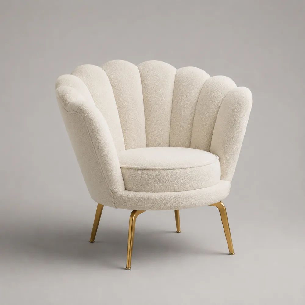 Muschelsessel aus Polyester-Bouclé mit Stahlbeinen, Cremeweiß/Gold, 79 × 73 × 78 cm