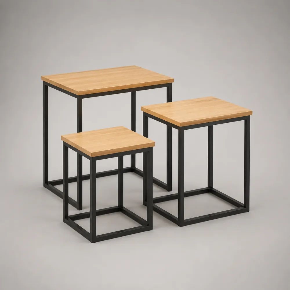 3-teiliges Couchtisch-Set aus MDF und Stahl, rechteckig, Natur/Schwarz, 60 × 45 × 60 cm, 50 × 40 × 50 cm und 40 × 35 × 40 cm
