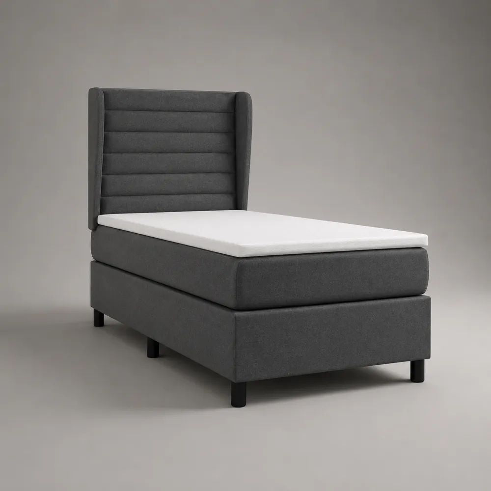 Boxspringbett-Set 90 × 200 cm mit Matratze, Topper und gepolstertem Kopfteil, Polyester, Anthrazit