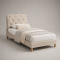 Polsterbett 90 × 200 cm mit rechteckigem Kopfteil, Knopfheftung und Polyesterbezug, Beige/Natur